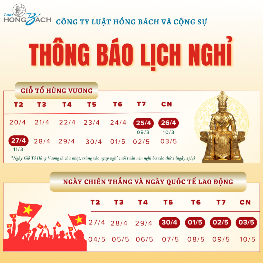 Lịch nghỉ Lễ Giỗ Tổ Hùng Vương và Ngày Giải phóng Miền Nam – Quốc tế Lao động